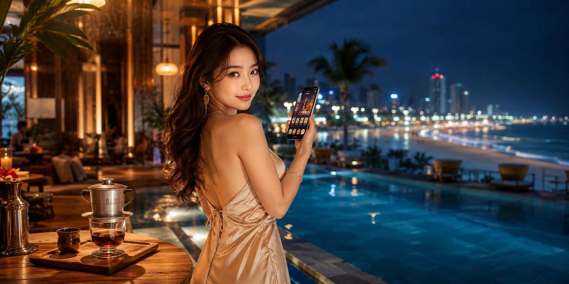 Người dùng Vũng Tàu trải nghiệm ứng dụng casino trên điện thoại tại quán cà phê
